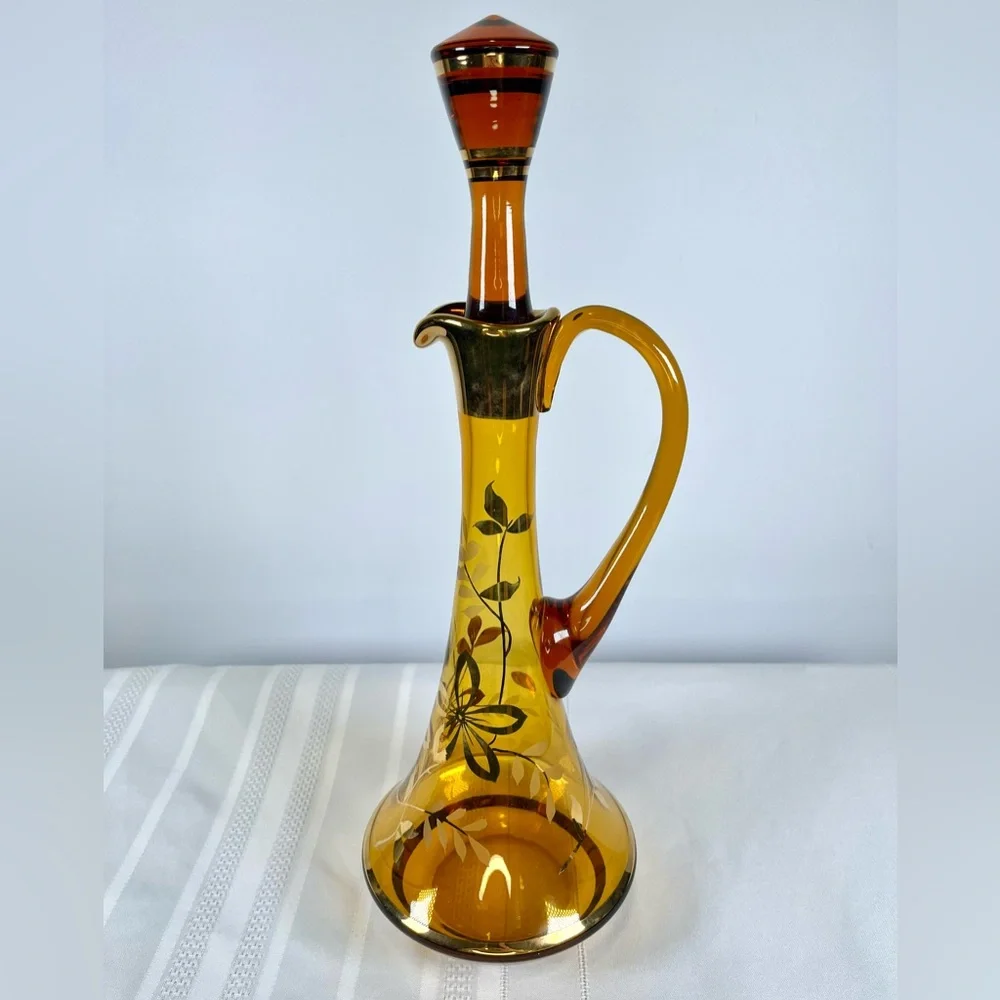 Bohemia Crystal 60s MCM Amber Decanter Floral & 6 Glasses Czech Mid Century RARE